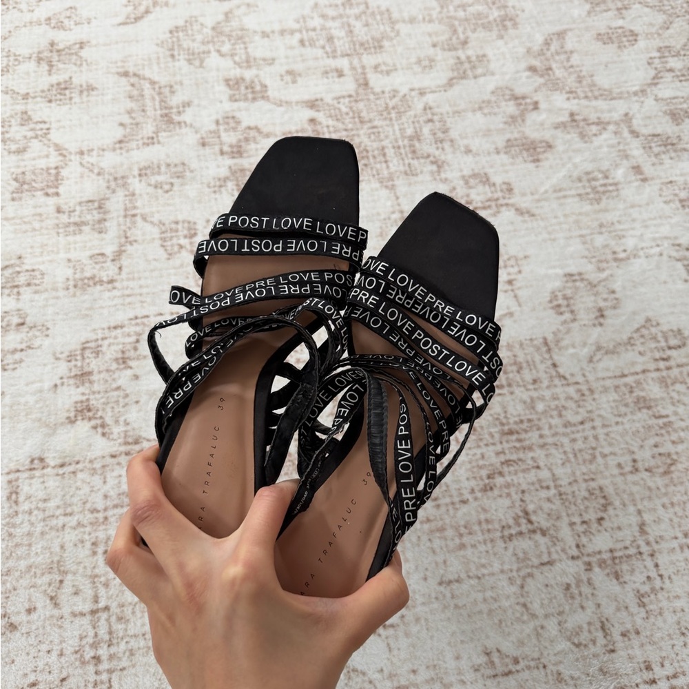 Zara Black Strappy Sandals with Text Detail